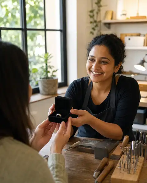 Gallery scene: Candid handoff moment where a finished ring is presented in a small box, warm.