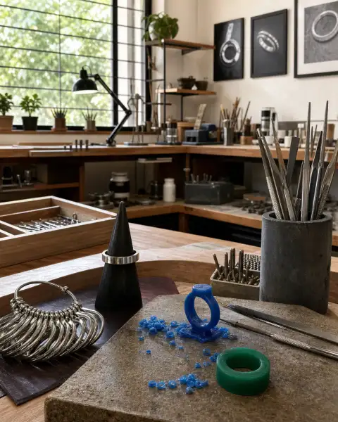 Gallery scene: Wide studio interior with organized tools, workstations, and soft natural light,.