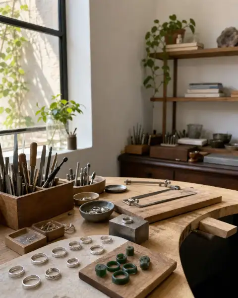 Gallery scene: Ambient corner of the studio with rings, trays, and materials arranged neatly, no.