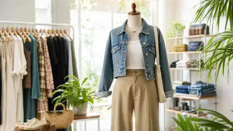 Gallery scene: a finished everyday outfit on a mannequin or hanger, polished and wearable,.