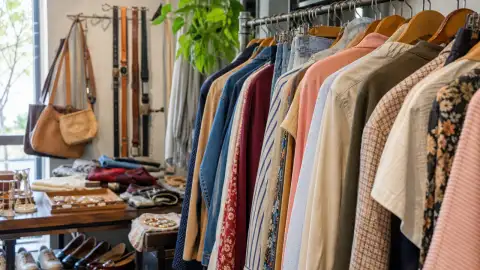 Gallery scene: a close-up of layered garments on hangers with belts and accessories nearby,.