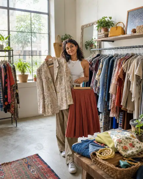 Portrait thumbnail: a stylish young guest holding a thrifted jacket and skirt in a curated.