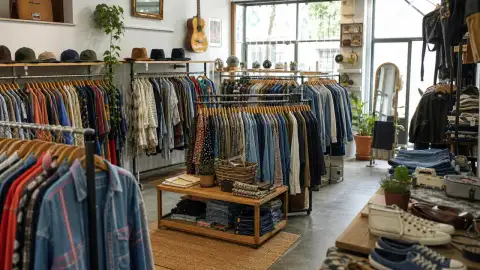 Gallery scene: an ambient wide view of the thrift store aisles with neatly arranged racks, soft.