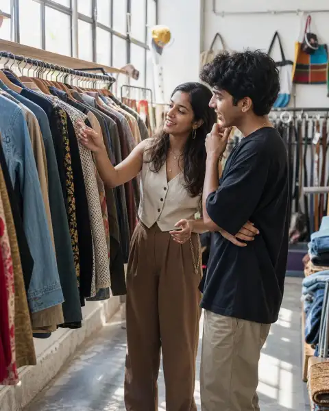 Gallery scene: a candid styling discussion beside a rack, one person pointing at textures while.