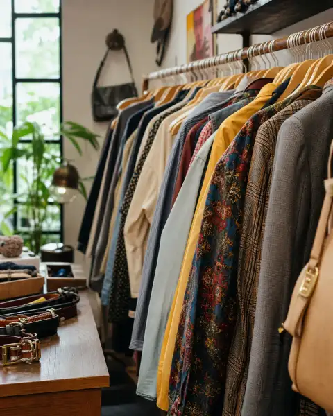 Gallery scene: a close-up of layered garments on hangers with belts and accessories nearby,.