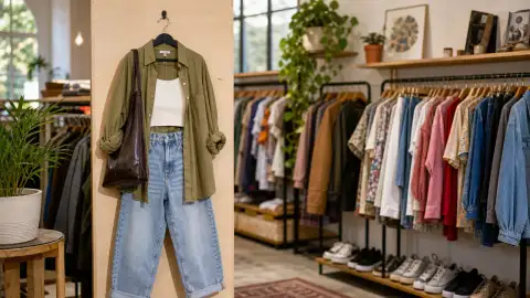 Gallery scene: a finished everyday outfit on a mannequin or hanger, polished and wearable,.