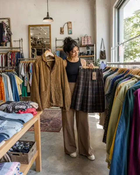 Portrait thumbnail: a stylish young guest holding a thrifted jacket and skirt in a curated.