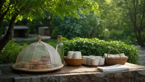 Standalone gallery: an unoccupied refreshment corner sits against a softly blurred green backdrop,.