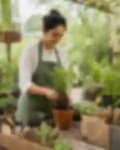 Portrait thumbnail: a single standing guest gently settles a rooted plant into a pot at a planting.