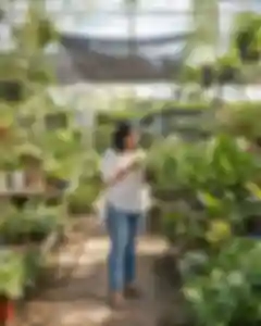 Portrait thumbnail: in a leafy nursery aisle, show one standing adult holding a small potted plant.