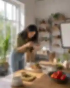 Portrait thumbnail scene: A young creator holds a smartphone above a styled food plate in a bright.