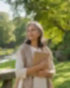 Portrait thumbnail: an older adult stands in a green outdoor clearing, holding a family journal.