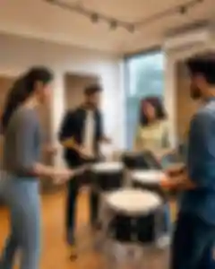 Standalone gallery: Show a small standing group contributing to a shared rhythm, with varied hand.